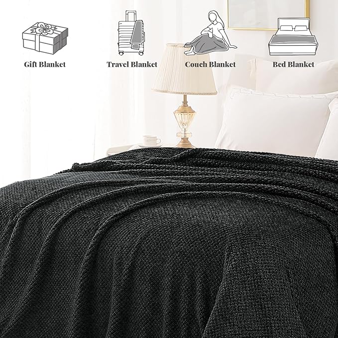 Whale Flotilla Queen Size Fuzzy Fleece Blanket for Bed, 90x90 Inch Fluffy Warm Soft Jacquard Blankets for All Season, Lightweight and Cozy, Black