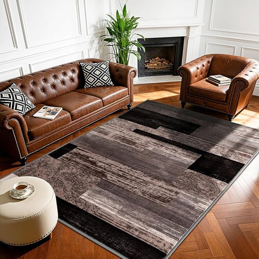 LIANLAM 3x5 Washable Area Rugs for Living Room and Bedroom, Vintage Checkered Pattern Non-Slip Carpet, Stain Resistant Low Pile Soft Rug for Dining Room,Office,Nursery,Kids Room(3x5,Chocolate)