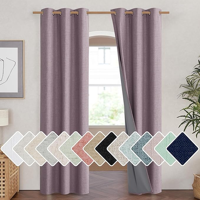 NICETOWN Chaise Mauve Vintage Linen 100% Blackout Curtains for Living Room, Thermal Insulated Curtains 84" Long, Noise Reducing Window Treatment Drapes for Hall Room, 42" Wide Per Panel, Set of 2