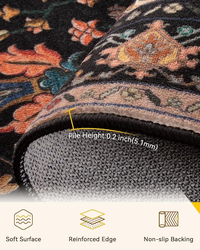 RELEANY Area Rugs 10'x12' Washable Non-Slip, Floral Vintage Distress Print Pattern Medallion Carpet for Living Room Bedroom Dining Room, Black Colorful Floral Dark Tan