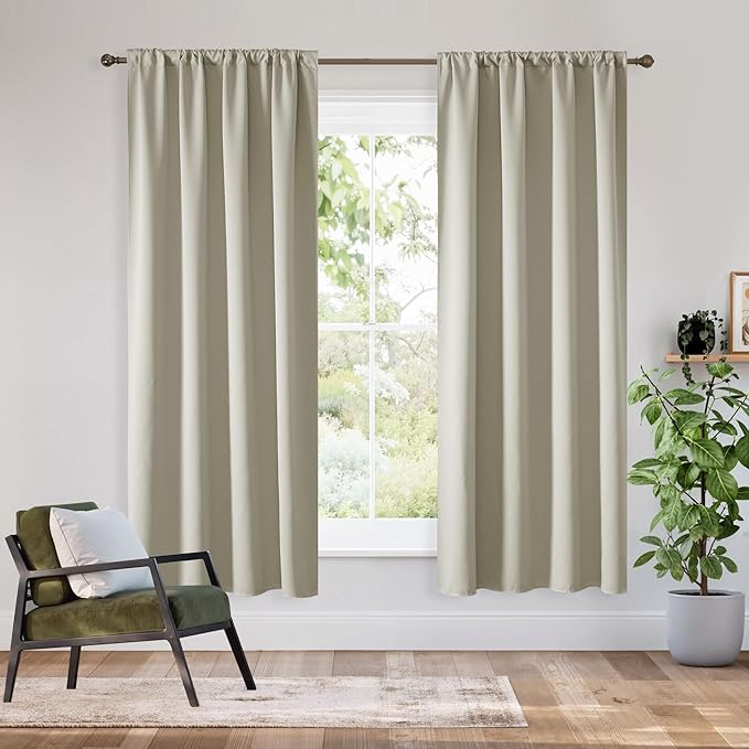 RYB HOME Bedroom Blackout Curtains 63 inches Long, 100% Blackout Thermal Insulated Noise Reducing Curtains for Living Room Nursury, 42 inches Wide by 63 inches Long, Natural
