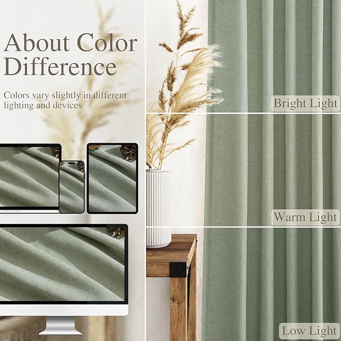 Desert Sage Linen Curtains 132 Inch Length for Living Room Light Filtering Semi Sheer Curtain Back Tab Rustic Farmhouse Decor Elegant Drapes Floor to Ceiling High Window for Bedroom 52x132, 2 Panels