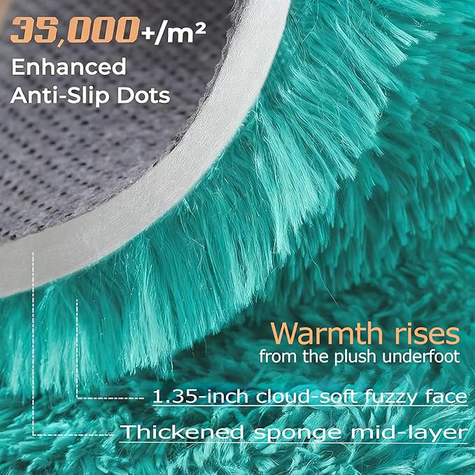 2x6 Runner Rug for Bedroom: Fluffy Shag Soft Washable Rugs Small Fuzzy Plush Indoor Carpet for Hallway Bedside Dorm Kids Girls Boys Room (Teal Blue, 2'x6')