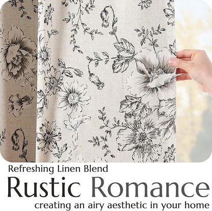 jinchan Blackout Floral Curtains for Living Room Bedroom Linen Blend Curtain Farmhouse Black Printed with Lined Back Tab Rod Pocket Drapes Window Treatments 2 Panels 90 Inch