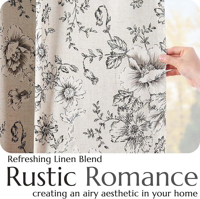 jinchan Blackout Floral Curtains for Living Room Bedroom Linen Blend Curtain Farmhouse Black Printed with Lined Back Tab Rod Pocket Drapes Window Treatments 2 Panels 84 Inch