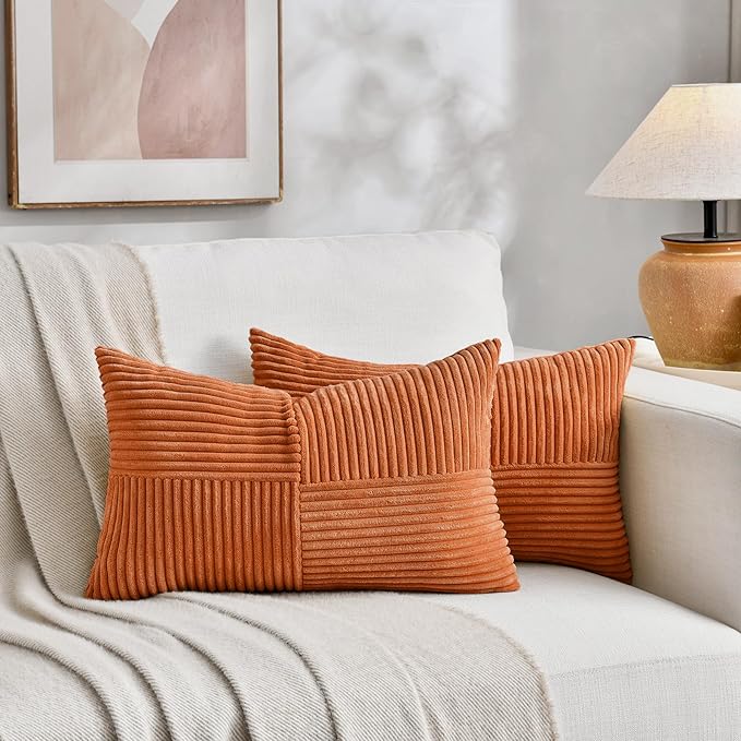Fancy Homi 2 Packs Burnt Orange Lumbar Decorative Throw Pillow Covers 14x24 Inch for Couch Bed Sofa, Farmhouse Boho Home Decor, Soft Striped Corduroy Rectangle Accent Cushion Case 35x60 cm