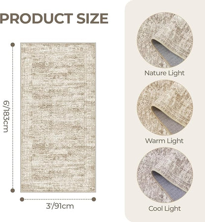 3x6 Runner Rug Non Slip, Thin Entryway Washable Rug for Entryway, Runners for Hallways, Low Pile Vintage Abstract Soft Rugs for Living Room, Kitchen, Bedroom(3'x6', Brown/Ivory)