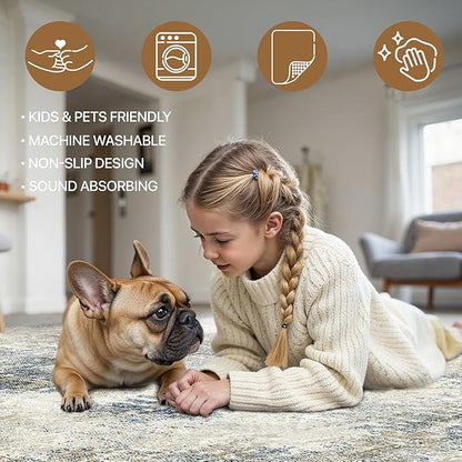 Area Rugs 6x9 for Living Room Bedroom, Modern Abstract Machine Washable Rug, Large Soft Low Pile Floor Carpet with Non Slip Backing for Dining Room, Blue Mist