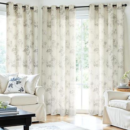 Yakamok Grey Floral Linen Curtains for Living Room 84 Inches Long,Printed Floral Curtains Farmhouse Grommet Bedroom Curtain 2 Panels