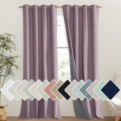 NICETOWN Chaise Mauve Vintage Linen 100% Blackout Curtains for Living Room, Thermal Insulated Curtains 102" Long, Noise Reducing Window Treatment Drapes for Hall Room, 52" Wide Per Panel, Set of 2