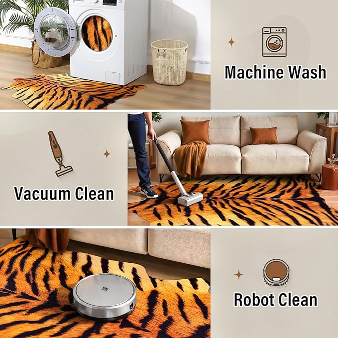 AROGAN Premium Tiger Print Rug 5.2x6.2 Feet, Machine Washable Faux Fur Rug, Non-Slip Animal Print Hide Tiger Skin Area Rug for Bedroom Living Room Home Decor