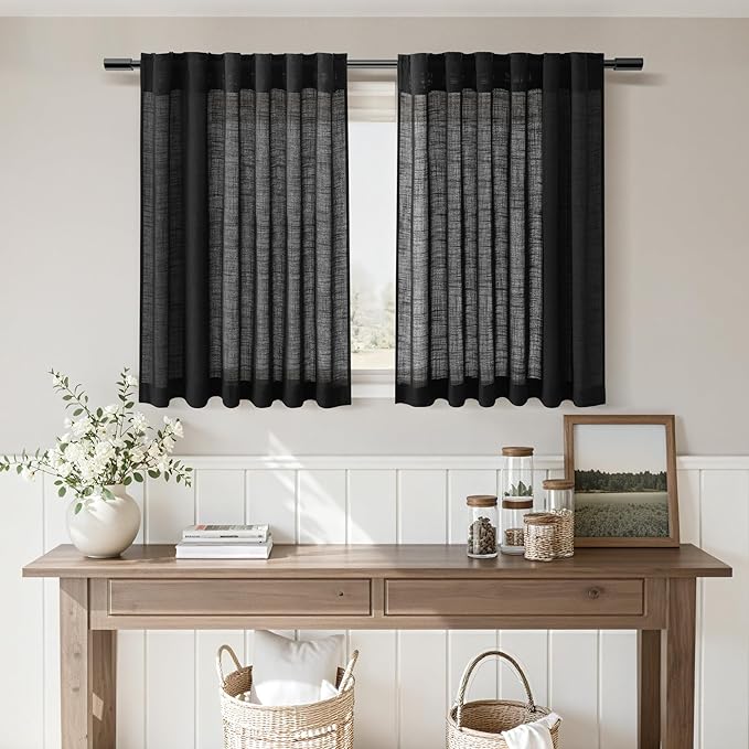 Nanspring Linen Kitchen Curtains 30 Inches Long Black Semi Sheer Short Curtains Back Tab Rod Pocket Solid Privacy Cafe Tier Curtain for Cafe Bathroom Basement 36x30,2 Panels
