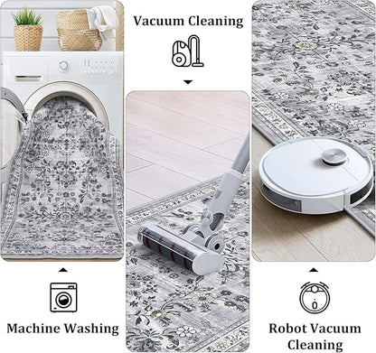 Yamaziot Washable Runner Rug 2x6 – Non Slip Boho Floral Hallway Runner Rug with Rubber Backing, Low Pile Faux Wool Distressed Carpet for Kitchen, Laundry, Bedroom, Entrance, Gray