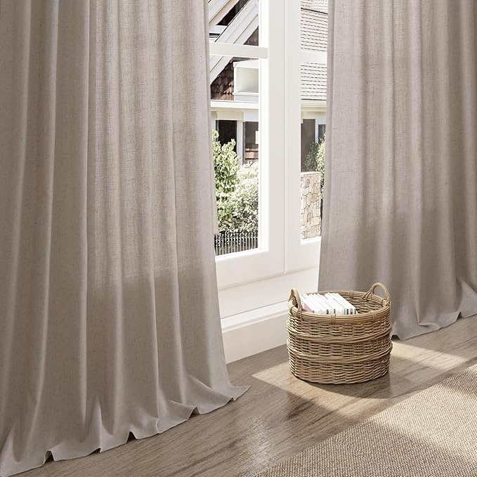 Nanspring Stone Beige Linen Curtains for Living Room 72 Inches Long Luxury Light Filtering Semi Sheer Curtain Back Tab Simple Modern Elegant Farmhouse Decor Drapes for Bedroom Office 52x72, 2 Panels