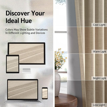 100% Blackout Shield Linen Blackout Curtains for Bedroom, Natural Flax Grommet Curtains for Living Room, Thermal Insulated Room Darkening Drapes for Nursery, Boho Home Decor, 50" W x 108" L, 2 Panels