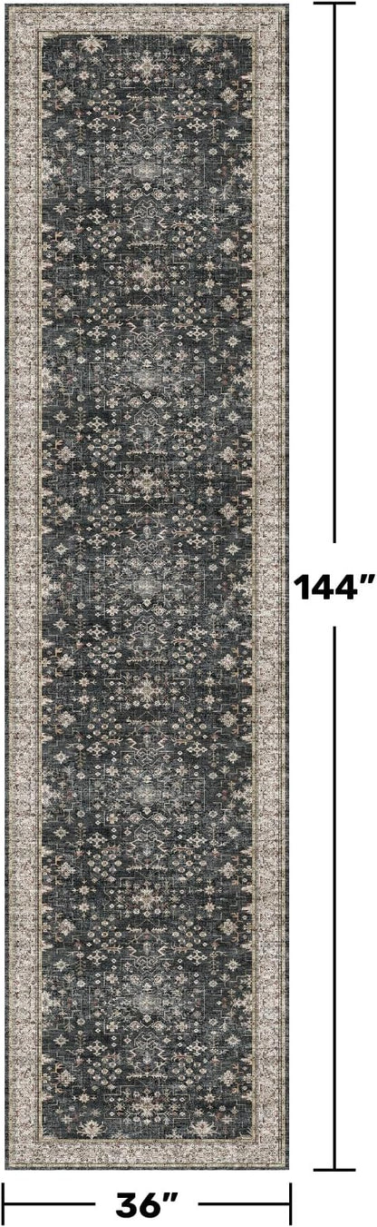Hazo Haus Black Boho Washable 3x12 Extra Long Runner Rug for Hallway, Waterproof Large Kitchen Floor Rug, Non-Slip Stain & Fade Resistant, Vintage Floral Decor