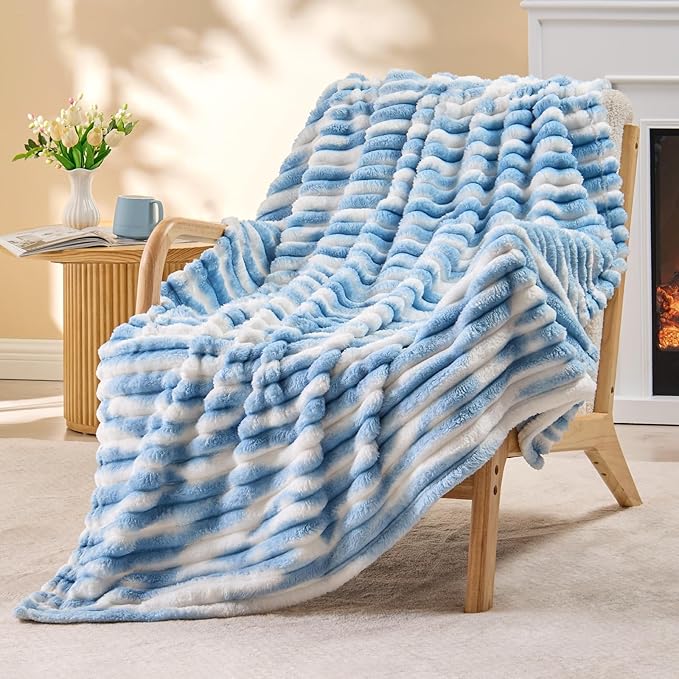 BEDELITE Twin Blanket for Couch & Bed, 300GSM Soft & Warm Fleece Blanket, Decorative and Giftable Striped Tie-dye Blue Blankets for Women, Men, 60"x80"