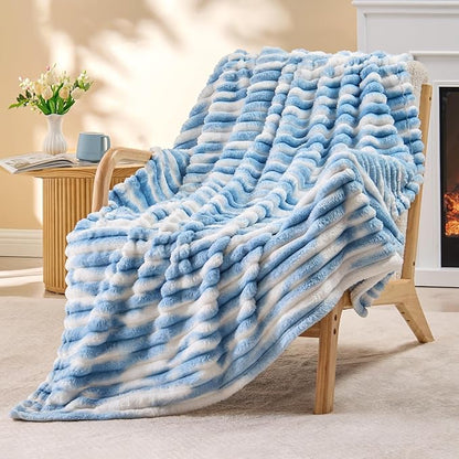 BEDELITE Twin Blanket for Couch & Bed, 300GSM Soft & Warm Fleece Blanket, Decorative and Giftable Striped Tie-dye Blue Blankets for Women, Men, 60"x80"