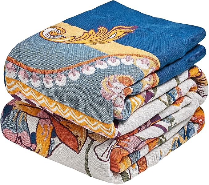 MSGKV Boho Throw Blanket 60"x80" Bed Floral 100% Cotton Blanket Spring Breathable Lightweight Twin Couch Blankets All Seasons Home Decor Muslin