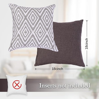 HPUK Decorative Throw Pillow Covers Set of 4 Dark Gray Geometric Design Linen Cushion Cover for Couch Sofa Living Room, 18"x18", Natural