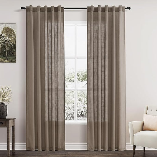 Dark Taupe Linen Curtains 84 Inch Length 2 Panels for Bedroom Back Tab Pocket Semi Sheer Light Filtering Curtains Burlap Textured Farmhouse Curtain for Living Room Dining Room Aesthetic Decor 40x84