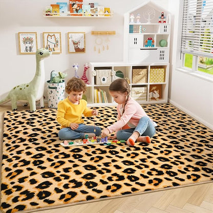Amearea Soft Leopard Rugs for Bedroom Living Room, 4x6 Modern Cheetah Print Thickened Memory Foam Rug, Fluffy Indoor Washable Animal Rug Carpet for Kids Boys Girls Dorm Nursery Room Home Decor, Khaki