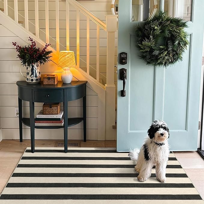 Black and White Striped Entry Rug - 3x5 Ft Washable Indoor Outdoor Front Door Mat Outside Entrance Front Porch Mat Non-Slip Floor Carpet for Bedroom Entryway Kitchen Office Porch Decor
