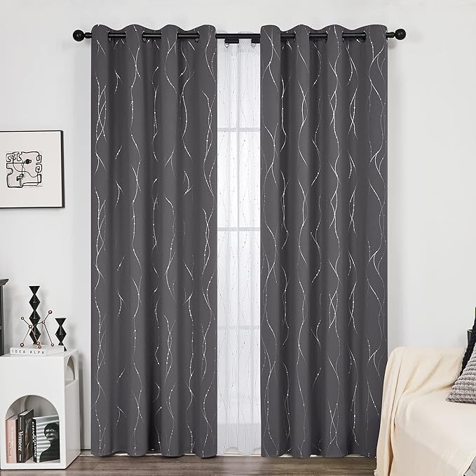 Deconovo Gray Curtains for Living Room, Blackout Drapes, Protect Pravicy Thermal Insulated Soundproof Window Drape, Wave Dots Foil Print, 52 x 108 Inch, Set of 2 Panels for Bedroom Sliding Glass Door