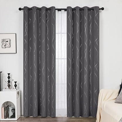 Deconovo Gray Curtains for Living Room, Blackout Drapes, Protect Pravicy Thermal Insulated Soundproof Window Drape, Wave Dots Foil Print, 52 x 108 Inch, Set of 2 Panels for Bedroom Sliding Glass Door