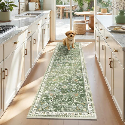 Yamaziot Washable Runner Rug 2x7 – Non Slip Boho Floral Hallway Runner Rug with Rubber Backing, Low Pile Wool Distressed Carpet for Kitchen, Laundry, Bedroom, Entrance, Mottled Green