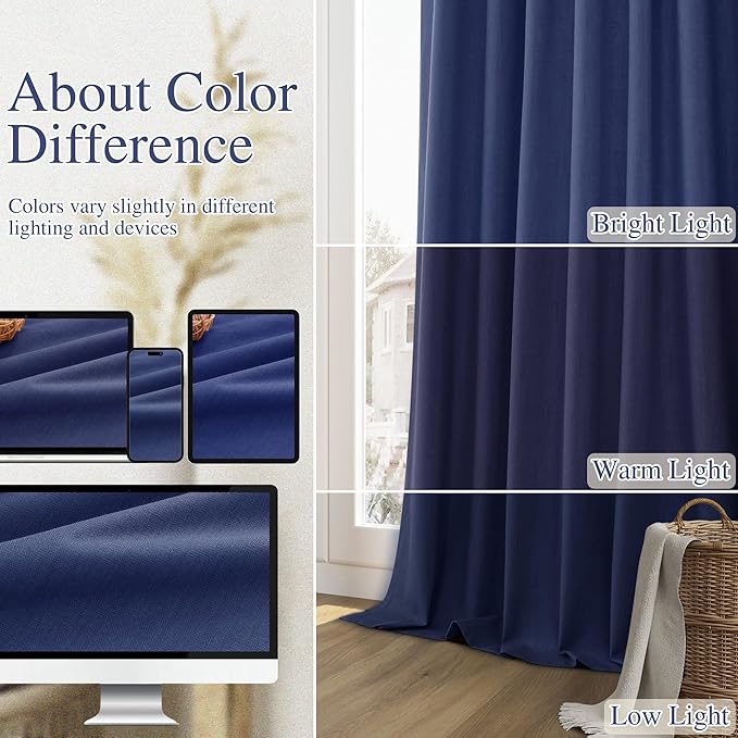 Guken 100% Blackout Curtains 72 Inch Length 2 Panels Set for Living Room Bedroom Back Tab Thermal Insulated Black Out Linen Drapes Room Darkening Window Curtains 72 Inches Long,Classic Blue