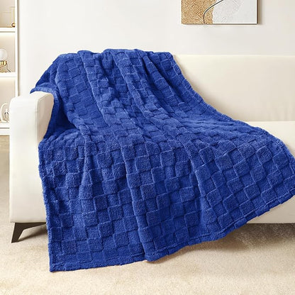 Exclusivo Mezcla Fleece Throw Blanket for Couch,Super Soft and Warm Lightweight Checkered Pattern Blankets for All Seasons, 50x60 Inches, Cobalt Blue