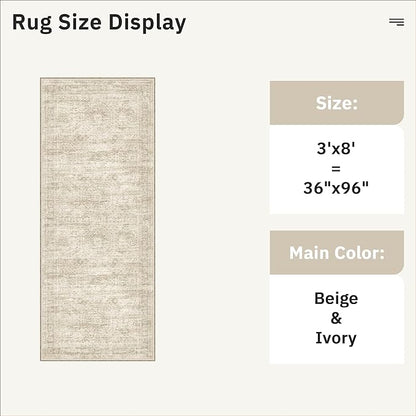 Runner Rug 3x8 Washable Non-Slip Hallway Runner Rugs for Kitchen Bathroom Laundry Room Beige Vintage Floor Carpet Runners for Hallways Entryway