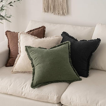 MIULEE Decorative Throw Pillow Covers Neutral Linen Fringe Throw Pillows Set of 2 Black Boho Farmhouse Cushion Covers with Tassels for Couch Sofa Bed Living Room Spring Home Decor 16x16 Inch