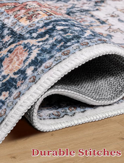 SERISSA Runner Rug for Hallways, 2'6"x14' Washable Non Slip Kitchen Runner Rug, Extra Long Boho Rug Ultra Soft Vintage Blue Orange Floor Carpet for Bedroom Hallway Entryway Bathroom Laundry Room