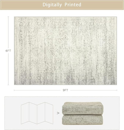 Washable Rugs 6x9 Area Rugs for Living Room,Bedroom,Dining Room- Large Ultra Soft Faux Wool Retro Carpets,Non Slip&Non-Shedding Low Pile Vintage Print Rug for Home Office Decor-Beige