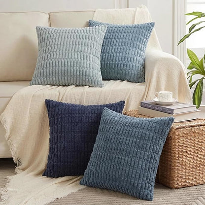 Fancy Homi Set of 4 Blue Decorative Throw Pillow Covers 20x20 Inch for Couch Bed Chair, Modern Farmhouse Boho Room Decor, Soft Fuzzy Corduroy Textured Striped Coastal Blue Cushion Case 50cm