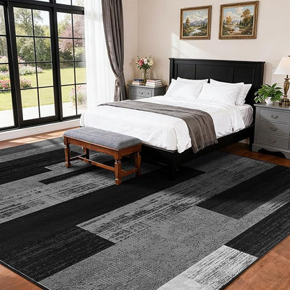 LIANLAM 5x7 Washable Area Rugs for Living Room and Bedroom, Vintage Checkered Pattern Non-Slip Carpet, Stain Resistant Low Pile Soft Rug for Dining Room,Office,Nursery,Kids Room(5x7,Gray)