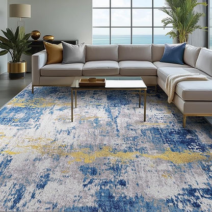 Washable Area Rugs 10'x12' Non-Slip Modern Abstract Soft for Living Room Entryway Bedroom Nursery, Print Pattern, Grey Blue Gold/Golden