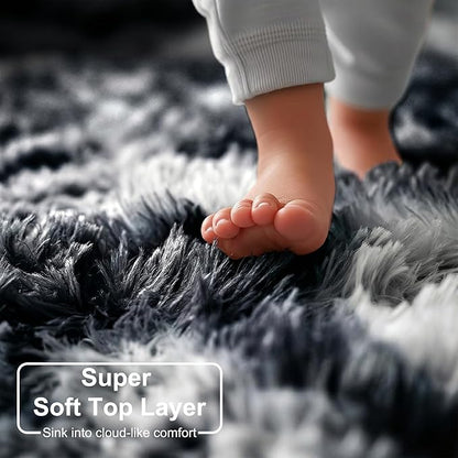 Amdrebio Black White Grey Circle Rug 6Ft Round Area Rugs for Living Room Bedroom, Fluffy Fuzzy Shaggy Furry Rugs for Home Office Kids Room Dorm, Plush Modern Cool Floor Shag Carpet for Men Teen Boys