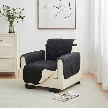 Great Bay Home Reversible Chair Cover - Washable Slipcover Furniture Protector with Elastic Straps - Perfect for Kids & Pets - Quilted & Stitched Detail (Black/Taupe)