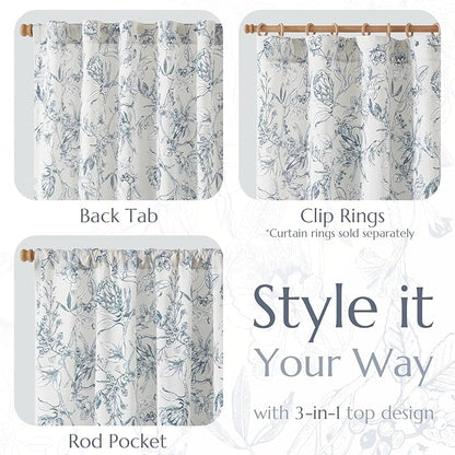jinchan Floral Curtains 90 Inch Length Blue Flower Linen Farmhouse Curtain for Living Room French Country Vintage Curtain Rod Pocket Curtains Set 2 Panels Blue Floral Printed