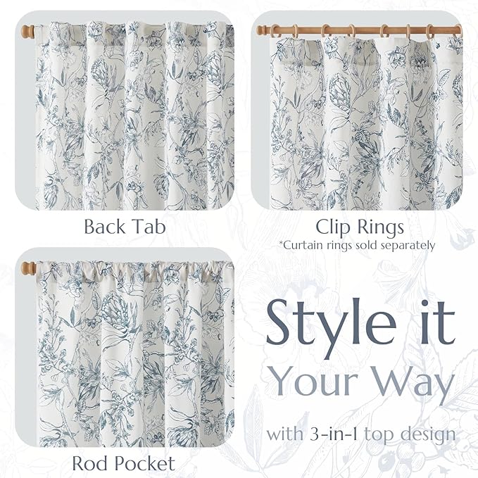jinchan Floral Curtains 108 Inch Length Blue Flower Linen Farmhouse Curtain for Living Room French Country Vintage Curtain Rod Pocket Curtains Set 2 Panels Blue Floral Printed