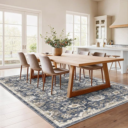 AMADA HOMEFURNISHING 6x9 Area Rugs, Blue Low-Profile Washable Rug with Non-Slip Backing & Durable Edge Binding, Vintage Rugs for Living Room, Bedroom, Dining Room
