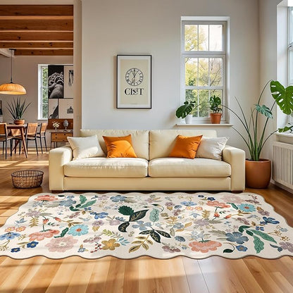 Washable 4x12 Wide Area Rug: Hallway Soft Floral Scalloped Carpet Water Resistant Non-Slip Runner Rug for Entryway Kitchen Dining Room Low Pile Floor Mat for Living Room Bedroom Nursery(4x12,Cream)