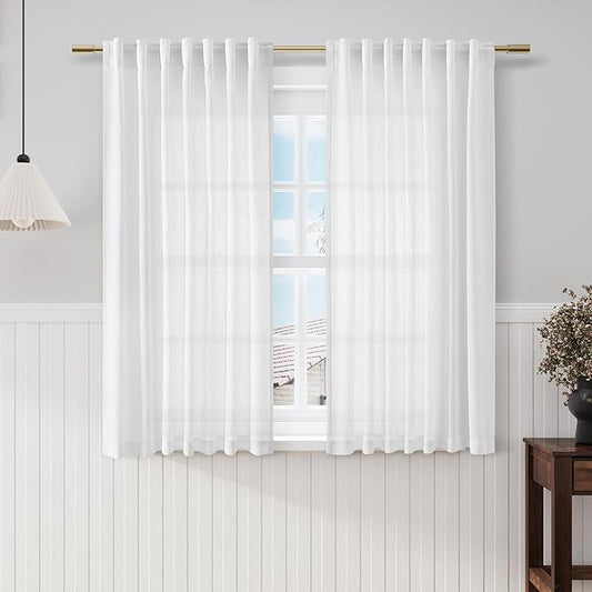 Off White Linen Sheer Curtains 54 Inch Length 2 Panel Set Back Tab Pocket Semi Sheer Light Filtering Short Curtain Soft Elegant Aesthetic Small Window Drapes for Bathroom 52x54 inches Long