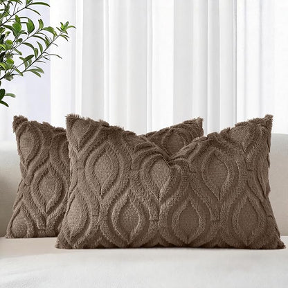 decorUhome Throw Pillow Covers 12x20 Inch Set of 2, Soft Plush Faux Wool Brown Solid Couch Pillow Covers, Accent Farmhouse Neutral Rectangle Pillow Cases for Sofa Bed Living Room