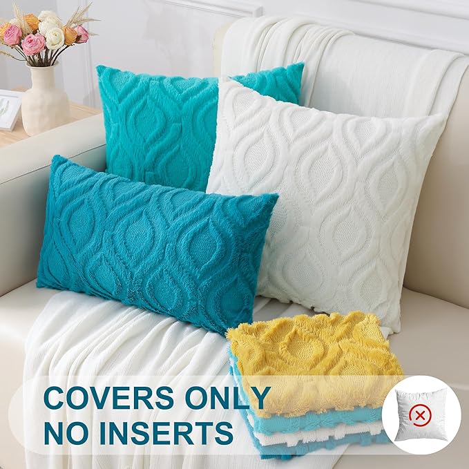 decorUhome Summer Throw Pillow Covers 20x20 Inch Set of 2, Soft Plush Faux Wool Turquoise Solid Couch Pillow Covers, Accent Farmhouse Neutral Square Pillow Cases for Sofa Bed Living Room