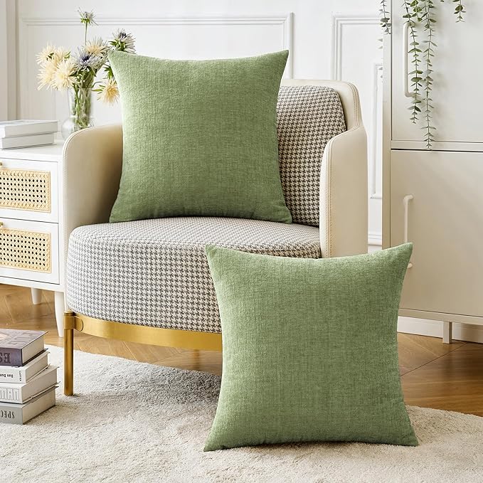 MIULEE Pack of 2 Couch Throw Pillow Covers 20x20 Inch Spring Soft Sage Green Chenille Pillow Covers for Sofa Living Room Solid Dyed Pillow Cases