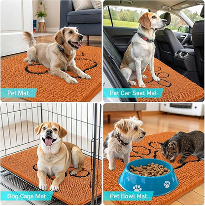 OLANLY Dog Door Mat for Muddy Paws 30x20, Paw Print Design, Absorbs Moisture and Dirt, Absorbent Non-Slip Washable Doormat, Quick Dry Chenille Mud Mat for Dogs, Entry Indoor Entryway Carpet, Clay